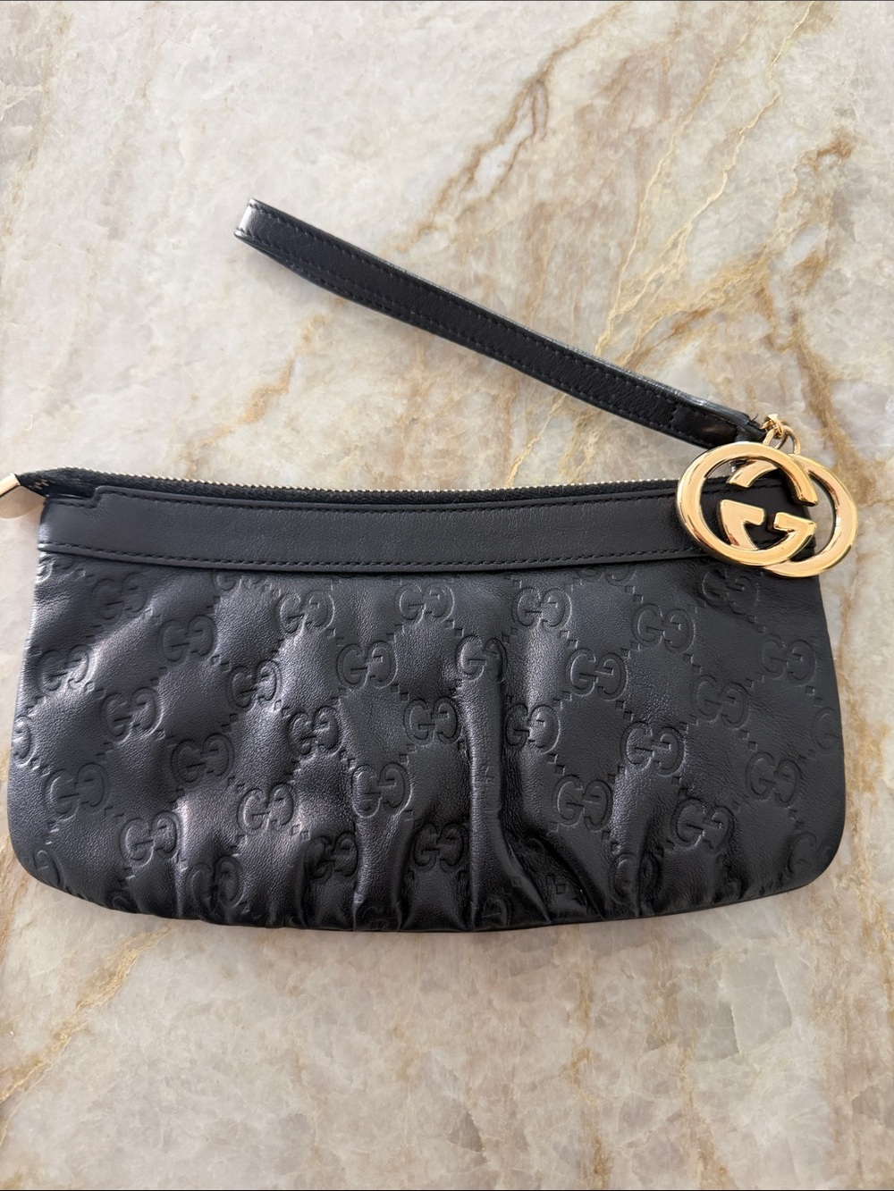 Gucci Black Embossed Leather Wristlet with Gold Double G Charm